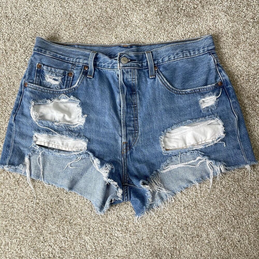 Levi's 501 Women's Jean Shorts 32 Blue Button Fly Distressed Summer